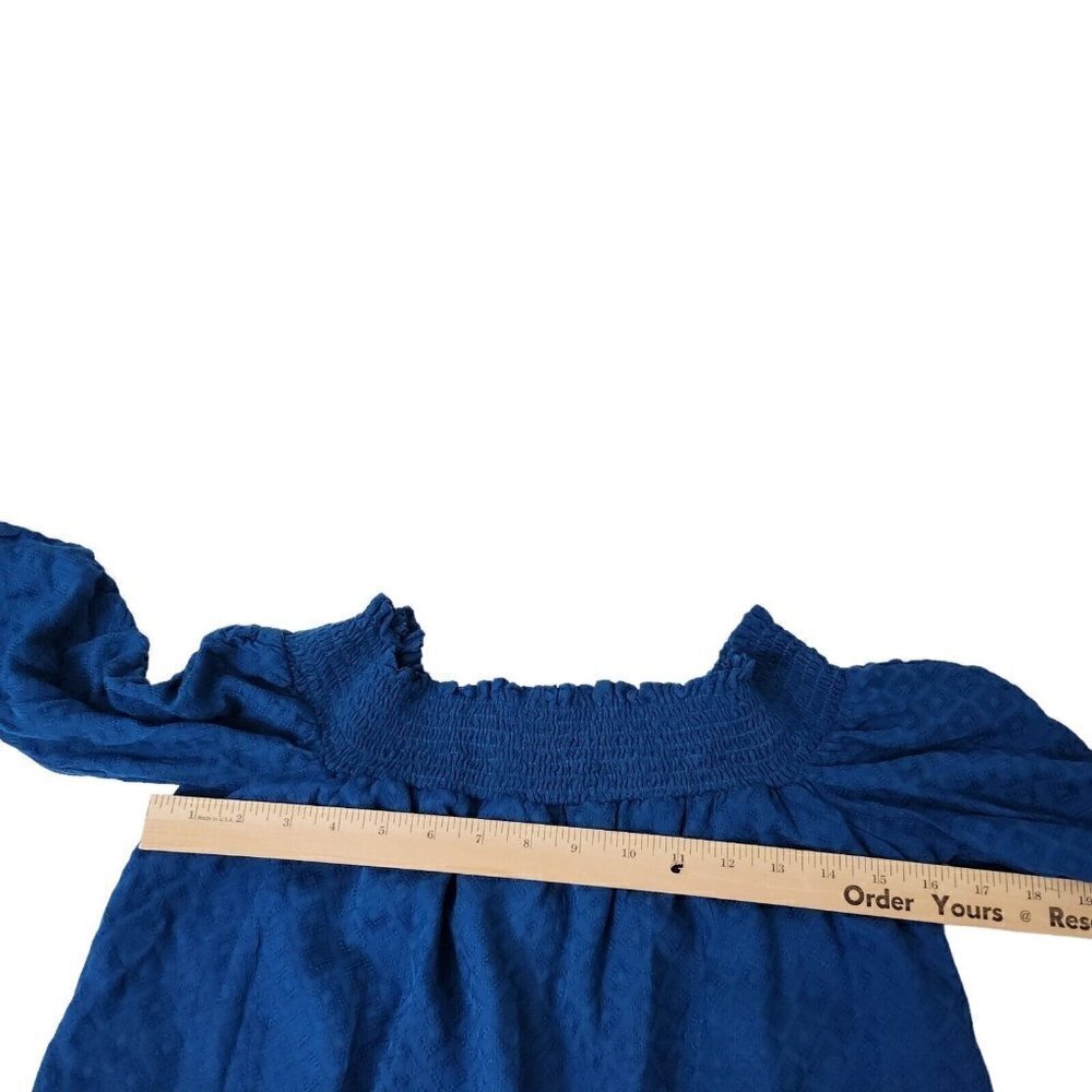 Anthropologie Amadi Mini Robe Dress Small Petite Blue SP Off The Shoulder Ruched - Picture 9 of 11